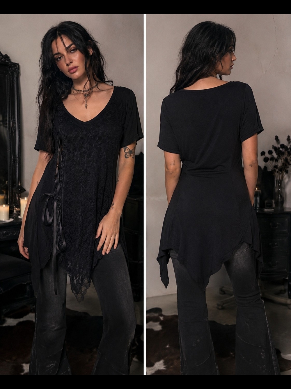 Willa V-Neck Black Lace Asymmetrical Top